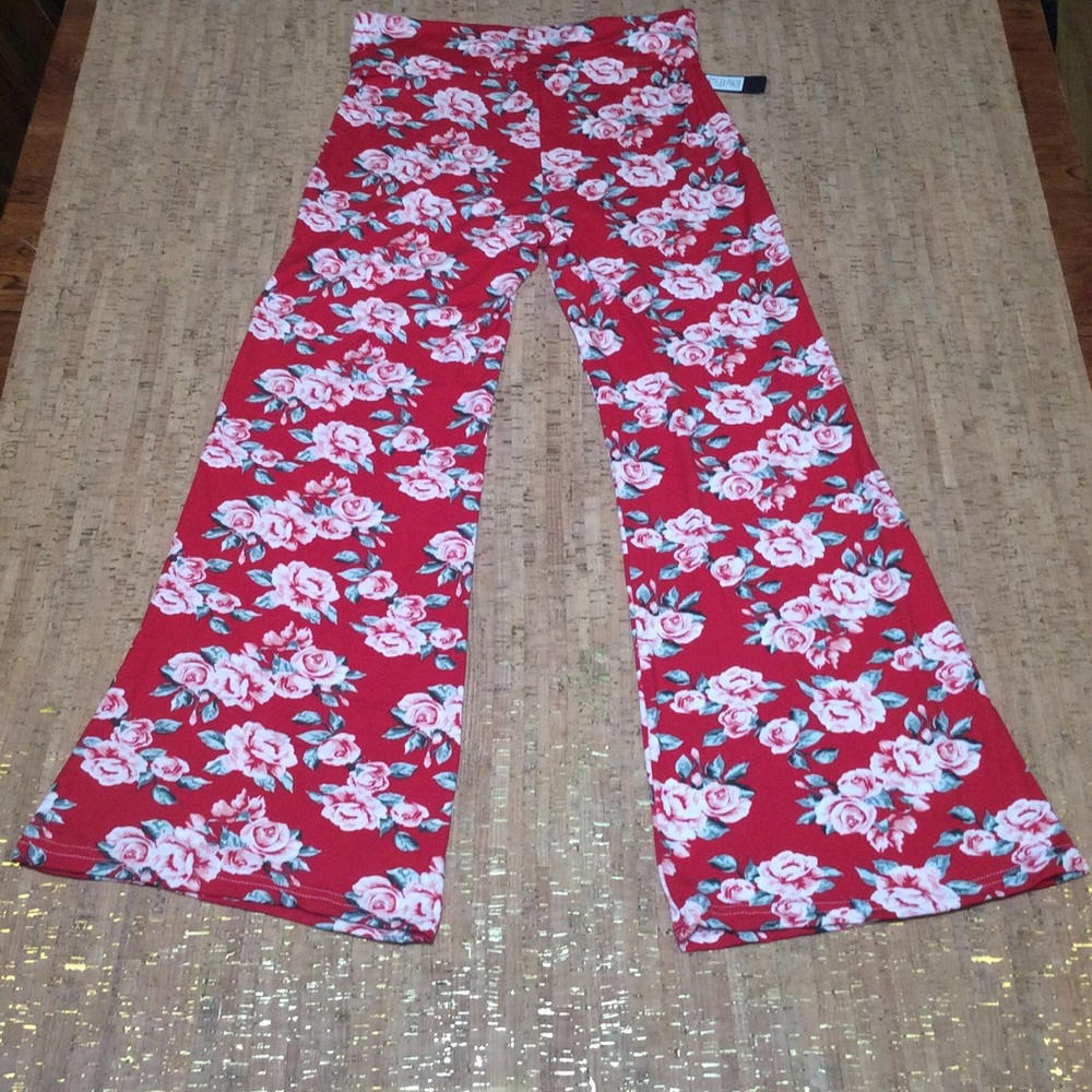 C-mode Elastic Pants Wide leg, Red With Rose print